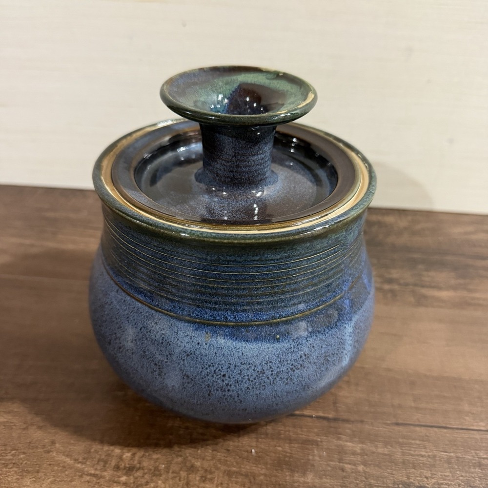 Signed Hand Thrown Studio Pottery Blue Green Lidded Canister Storage Jar Ceramic